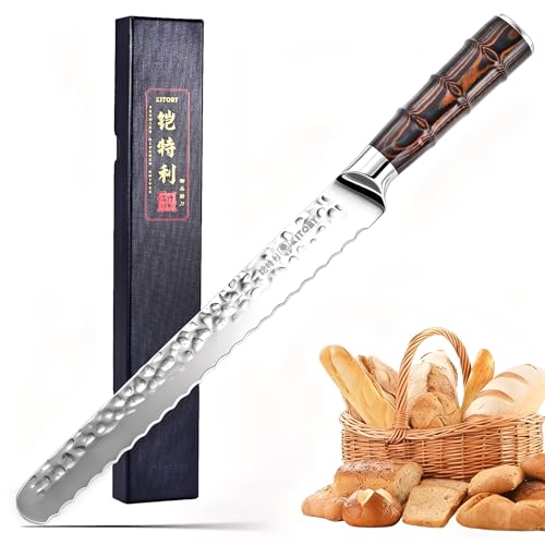 Kitory Profi Brotmesser 25,5 cm mit Wellenschliff aus hochwertigem rostfreiem Edelstahl, Extra Scharfe Klinge, Ergonomischer Griff, Gehämmertes Klingendesign