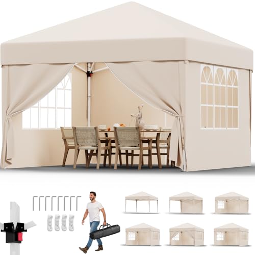 JUMMICO Pavillon 3x3 Wasserdicht Stabil Winterfest mit 4 Seitenwänden,Faltpavillon Höhe Verstellbar,Pavillion UV Schutz 50+,Gartenpavillon Faltzelt für Garten, Innenhof, Camping,Gazebo Beige