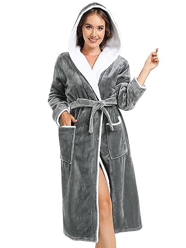 vislivin Bademantel Damen mit Kapuze Flauschig Bademantel Lang Warm Morgenmantel Fleece Robe Women Dark Grey L