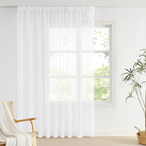 NICETOWN Extra Breite Gardinen 300 cm für Schienensystem H 245 x B 300 cm Transparente Vorhänge Wohnzimmer Modern 1er Set Lichtdurchlässig Vorhang Weiß Stores Gardine Durchsichtig
