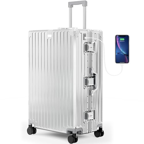 ALPHA CAMP Koffer XL Reisekoffer mit Rollen TSA Schloss, Hartschalenkoffer Groß Suitcase Aluminium Rahmen Polycarbonat, Koffer Silber Groß Rollkoffer 49x30x76cm Luggage Reisekoffer Leichte für Reise