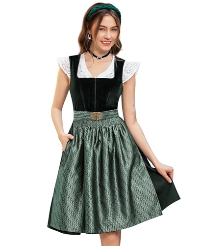DIRNDLSTERN Damen Trachtenkleid Grün - Trachtenrock Midi Samt Dirndlkleid Oktoberfest Outfit mit Dirndlschürzen 40