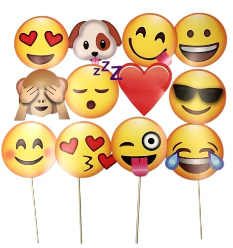 JZK 12 x Emoji Foto Verkleidung Papier Partei Requisiten Photo Booth auf Stick für Kinder Erwachsene Party Favour Zubehör für Hochzeit Hen Party Geburtstag Weihnachten Halloween