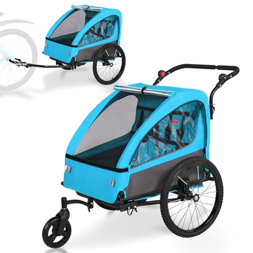 Kinderfahrradanhänger 2in1 mit Jogger & Buggy Funktion, Federung, höhenverstellbarem Schiebegriff & Handbremse, Fahrrad Anhänger für 1–2 Kinder, bis 40 kg, Blau