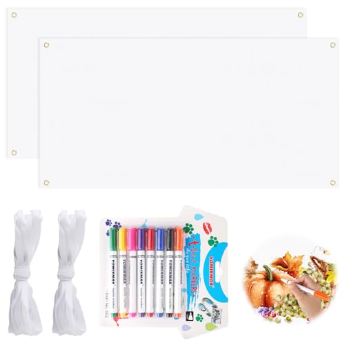 2 Sets Blanko Banner Weiß, 120x60cm zum Bemalen mit 2pcs 6m Hängendem Seil und 8 Textilstifte in Verschiedenen Farben, Polyester Großes Leeres Banner für DIY, Painting