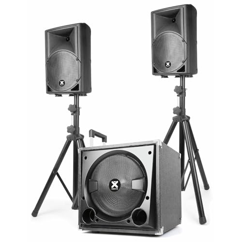 Vonyx VX800BT - DJ Boxen Set mit einem aktiven 12 Zoll Subwoofer und Zwei passiven Top Lautsprechern, 800 Watt, Bluetooth, USB, SD, Mobile PA Anlage Komplettset mit Stativen - Schwarz