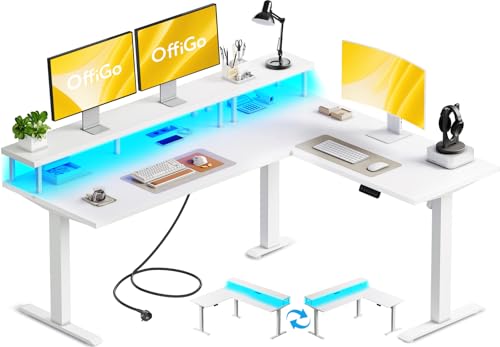OffiGo Schreibtisch Höhenverstellbar, 150x120cm Eckschreibtisch Höhenverstellbar mit Monitorhalterung, Elektrisch Schreibtisch L Form mit Steckdosen, Computertisch mit LED Lichtleiste für Büro, Weiß