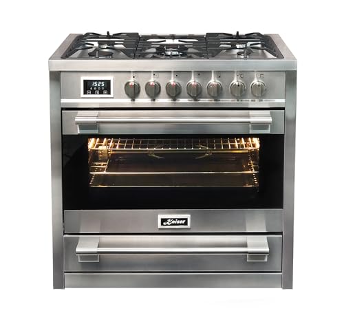 Kaiser Gasherd 90 cm HGE 93505 R Turbo Freistehender Gas-Standherd mit Elektro Backofen XXL 115L · Herd Gaskochfeld 5 Brenner Turbo-Wok + Elektrobackofen 8 Funktionen · Edelstahl/Gusseisen