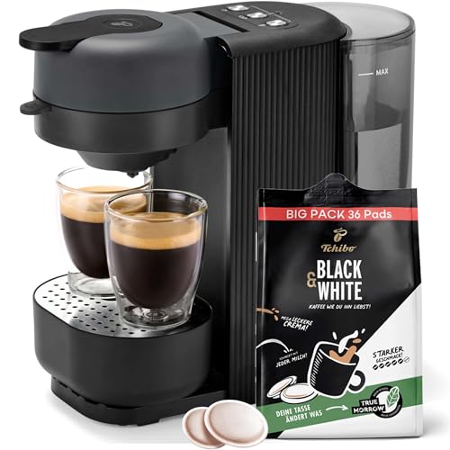 Tchibo Kaffeepadmaschine „CALL ME PAD“ inkl. 36 Kaffeepads Black & White, mit Taste für To-Go Becher, für 2 Tassen, schnell und leise, automatische Abschaltfunktion, Schwarz
