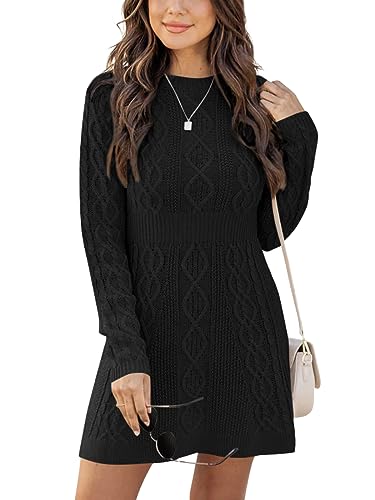 Ebifin Strickkleid Damen Rundhals Strickpullover Kleid Elegant Tunika Pullikleid Winterkleid Sweater A-Linie Minikleid.Schwarz.L