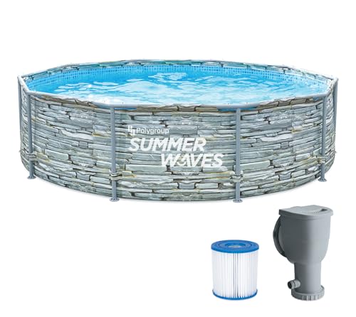 Summer Waves Frame Pool Komplettset | Rund 305x76 cm Steinoptik Grau | Aufstellpool Set | Gartenpool & Schwimmbecken inkl. Filterpumpe