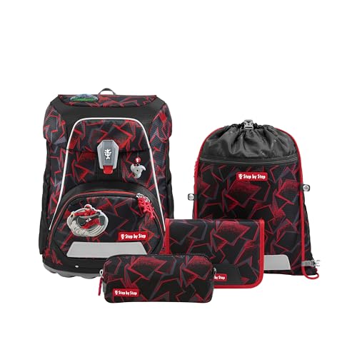 Step by Step Schulranzen-Set FIT „Ninja Yuma“ 5-teilig, rot-schwarz, Ninja-Design, ergonomischer Tornister mit Reflektoren, höhenverstellbar mit Hüftgurt für Jungen ab der 1. Klasse, 19L