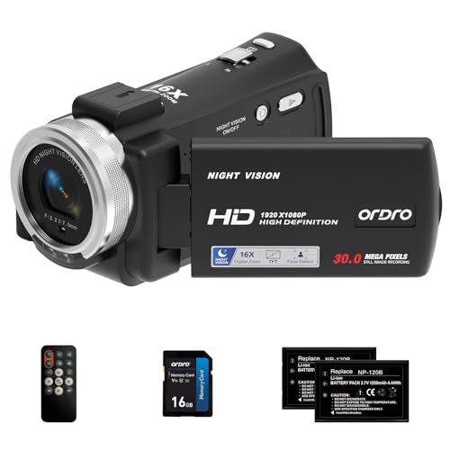 ORDRO V12 Videokamera Camcorder Full HD 1080P 30FPS Infrarot Nachtsichtkamera 3.0 Zoll LCD Bildschirm 16X Zoom Camcorder mit 16GB Memory Karte Fernbedienung und 2 Akkus