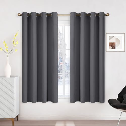 Runyéla Verdunklungsvorhänge mit Ösen Gardinen 2er Set, Thermovorhang Hitzeschutz Vorhänge Blickdicht Kurz Dunkelgrau, Ösenvorhang für Schlafzimmer Wohnzimmer Blackout Curtain H 140 x B 120