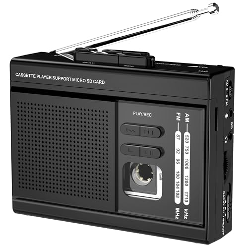 Kassettenspieler Recorder Konverter mit AM FM Radio, Kassette zu MP3 über SD Karte, Kassettenspieler Unterstützung externes Mikrofon mit 3.5mm Kopfhörerbuchse angetrieben durch Typ-C oder (Schwarz)