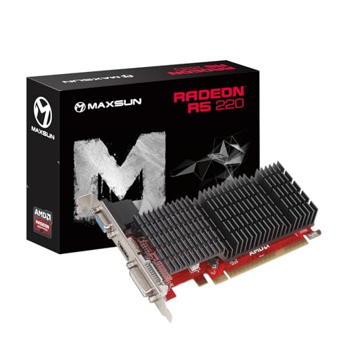 MAXSUN AMD Radeon R5 220 2GB Silent Grafikkarte (Passiv 0dB Kühlung, Low Profile DVI, VGA, HDMI 64 Bit DDR3 PCI Express X16 Gaming-Grafikkarte)