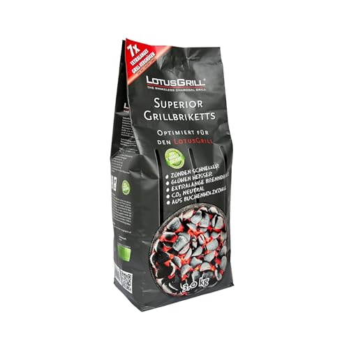 LotusGrill Superior BBQ-Briketts aus Buchenholzkohle 3KG Pack - CO2 neutral, zündet schnell, Lange Brenndauer, aus Buchenholzkohle (bis zu 3 Stunden Grill spaß)