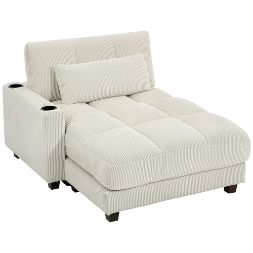 HOMCOM Chaiselongue 2 Sitzer Schlafsofa 114 x 147 cm Sofa mit Bettfunktion, Cord-Optik, Links/Rechts Armlehne, Becherhalter und Lendenkissen Couch für Wohnzimmer, Schlafzimmer, Cremeweiß