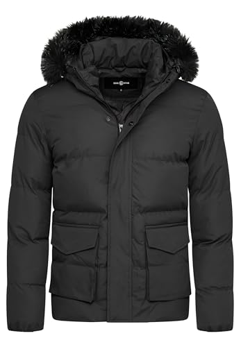 Soulstar Herren warme Winterjacke mit Kapuze Parka Winter-Mantel Steppjacke Jacket Puffer-Jacke S2_ADLER-Black-L