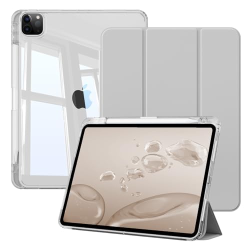 ZOYU Hülle für iPad Pro 11 Zoll 2022/2021/2020 (4./3./2. Generation) Mit Stifthalter, Durchsichtige, Transparente Rückschale, Schlanker Ständer, Stoßfeste Tablet-Abdeckung, Auto Wake/Sleep, Grau