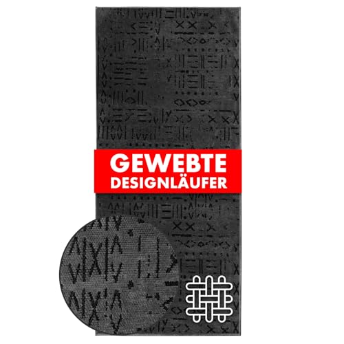 KARAT Premium Teppichläufer gewebt mit Muster - 80 x 350 cm, Anthrazit - Flauschiger Baumwoll Teppich - Läufer für Küche, Flur & Wohnraum - Flurläufer Küchenläufer Flurteppich (Vena)