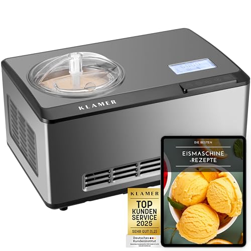 KLAMER 2-in-1 Eismaschine & Joghurtbereiter 2 L, 180 W Eiscrememaschine aus Edelstahl mit Kühl- und Heizfunktion, hausgemachtes Speiseeis mit selbstkühlendem Kompressor, mit digitalem Rezeptbuch