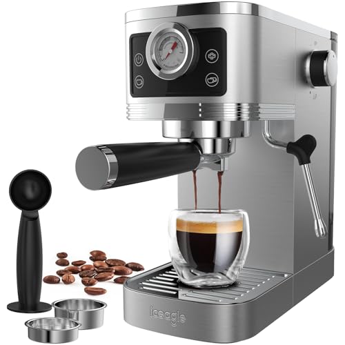 iceagle Espresso Siebträgermaschine 20-Bar Italienischer Pumpe | 1350W Espressomaschine Edelstahl mit Milchaufschäumer, Kaffeemaschine für Cappuccinoo, Touchscreen mit Druckanzeige, 1.3L Wassertank