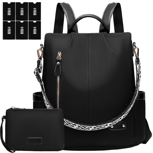 ONETOALL Rucksack Damen Klein Diebstahlsicher mit 6 RFID Blocker Schutzhüllen, Cityrucksack Damen Elegant, Backpack Women Modern, Damenrucksack Handtasche Schwarz, für Städtetrip Alltag Unterwegs
