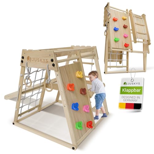 Juskys® Mini Klettergerüst für Kinder - Indoor Spielplatz mit Rutsche, Kletterwand, Kletternetz & Turnringe - Holz Kletterturm klappbar - Natur