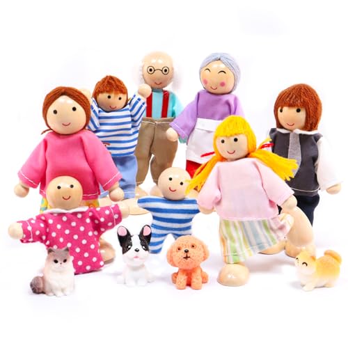 Homethrive Puppenhaus Puppen 13 Stück Puppenhaus Figuren Familie mit Katze und Hund Biegepuppen Set für Puppenhau Zubehör Spiel Haus Geschenk Holz