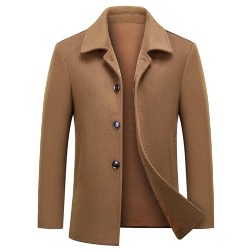 MODFUL Herren Kurzer Wollmantel Warm Wolle Lässiger Mantel Peacoat Slim Fit für Business (Braun, M)