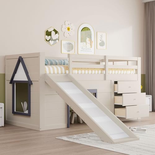 Merax Kinderbett 90x200 Funktionsbett Kinder Hochbett mit Rutsche, Stauraum, Unterhaltungsbereich unter dem Bett - Holzbett mit Lattenrost, Leiter und Rausfallschutz, Kiefer, ohne Matratze, Creme