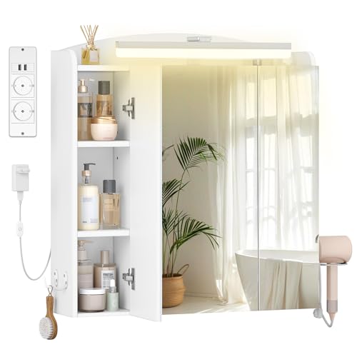 Hzuaneri Spiegelschrank Bad mit Beleuchtung, 2AC+2USB Steckdosenleiste, Wandschrank mit Haartrockner-Halter, Haken, Stecker, Verstellbare Regale, 16,5 x 70 x 75 cm, Weiß, MC00603XEU