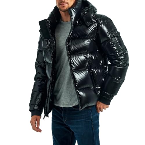 Dixacyer Herren Hoodie Glänzend Metallic Reißverschluss Daunenmäntel Winter Warm Quilting Down Puffer Jacke, Schwarz , M