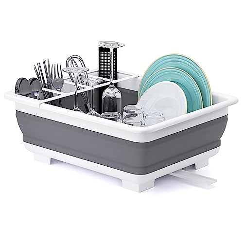 Zusammenklappbares Geschirr-Abtropfgestell & Aufbewahrungsorganizer - 2-in-1 platzsparendes Design für Küche, Wohnwagen, Camping | Klappbare Abtropfschale mit Besteckhalter | Spülmaschinenfest Grau