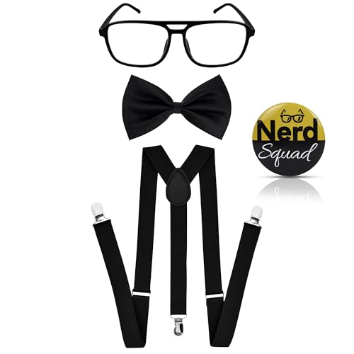Yezmo 4 Stück Nerd Set für Kostüme, Verkleidungsset Nerd Schwarze Hosenträger Fliege Nerd-Brille und Abzeichen für Männer für Karneval Mottoparty