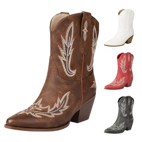 Generisch Cowboystiefel Western Boots Damen Wide Fit Cowboystiefel FüR Damen Leder SchöNe Bestickte NäHte Westernstiefel Klassisch VintageüBergrößE Niedriger Stiefel