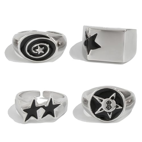 Cosswe 4 Stück Ringe Herren,Einstellbar Daumenring Herren Rock Ring,Goth Punk Hip-Hop Sternenstil Freundschaftsringe Modeschmuck