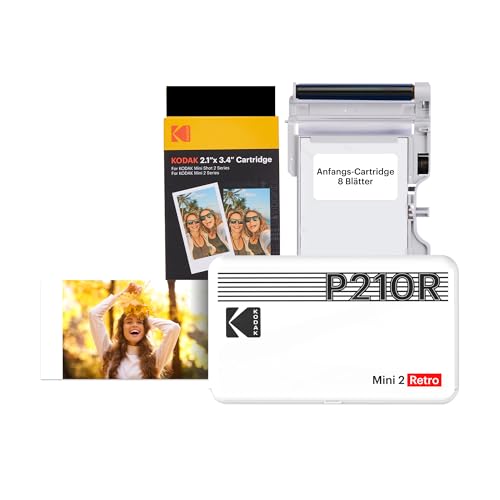 KODAK Mini 2 Retro 4PASS Mobiler Fotodrucker (5,3x8,6cm)- Paket met 38 Blatts, Weiß