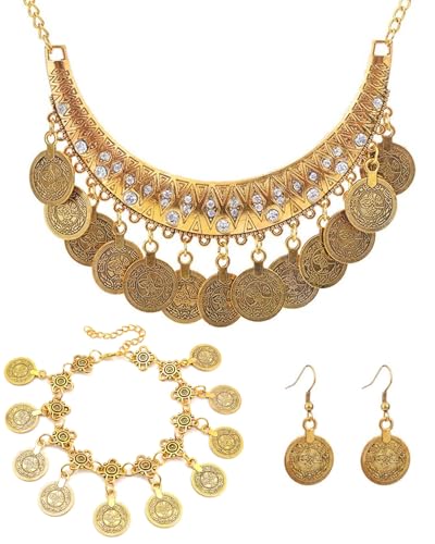 JEXOWIQ Kostüm Damen Schmuck,Bauchtanz chmuckset,Ohrringe und Kette set, Vergoldetes Bauchtanz-Schmuckset für Frauen, Böhmen Goldmünze Schmuck Kleine Münzen, Für Mottoparty, Karneval