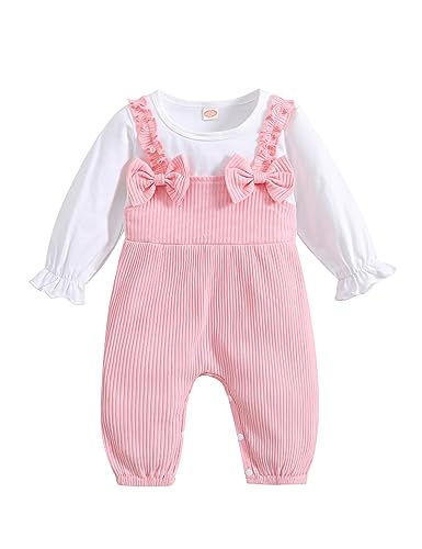 Neugeborenes Baby Mädchen Strampler Kleidung Rüschen Langarm Bodysuit Baumwolle gerippt Bow Jumpsuit Onesie Outfit Set