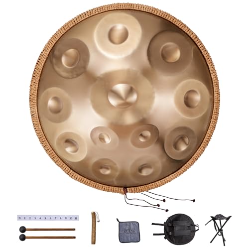 VEVOR Handpan, 55 cm, 12 Noten, D-Moll-Handtrommel, Drum-Instrument mit Schlägeln, 440-Hz-Handpan-Ständer & Tragetasche, Heilende Klangtrommel aus Stahl, Schlaginstrumente für Erwachsene & Anfänger