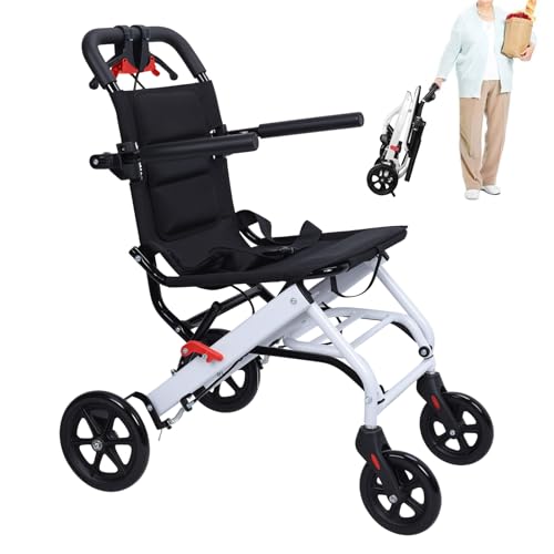 Reiserollstuhl Ultraleicht Faltbar Nur 8,2kg, Faltbarer Rollstuhl mit Sicherheitsgurt und Handbremsen, Transportrollstuhl, Belastbarkeit 91 kg (Weiß & Schwarz, Sitzbreite 40 cm)
