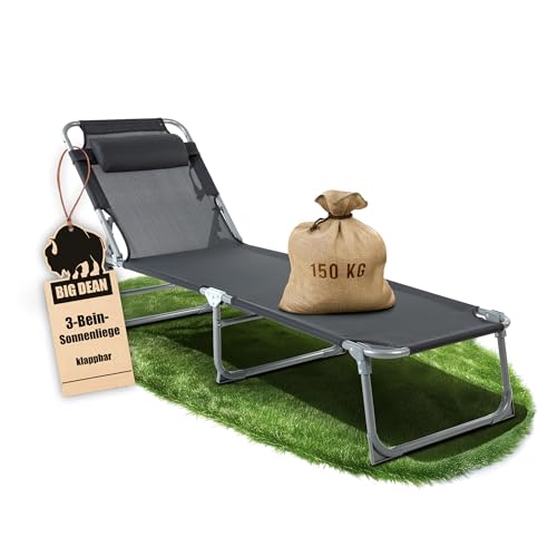 BigDean Sonnenliege klappbar mit Kopfkissen extra hoch dunkelgrau 150 kg belastbar - hochwertige Gartenliege für Balkon, Garten & Strand