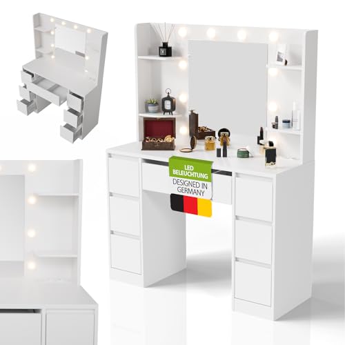 Juskys Schminktisch Malia mit LED-Spiegel, 7 Schubladen, individuelle Lichteinstellung, viel Stauraum, modernes Design, kompakt & pflegeleicht für Make-up