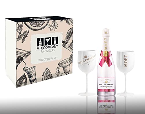 Individuelles Geschenkset mit Moet Geschenkset - Moet & Chandon Ice Imperial Rose 0,75l (12% Vol) + 2er Set Acryl Becher in weiß/gold Champagne Becher Kelche -[Enthält Sulfite]