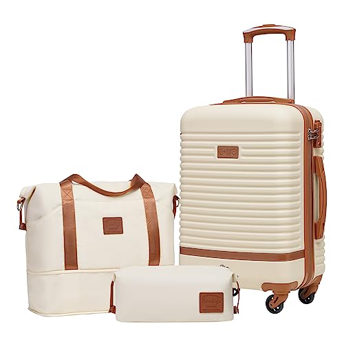 COOLIFE Koffer Set 3-TLG: Handgepäck + Reisetasche | ABS Hartschale Leicht, 360° Räder & TSA-Schlösser Für Europa, Kreuzfahrt & Auslandsstudium – Familienurlaub Essentials Weiß/Braun
