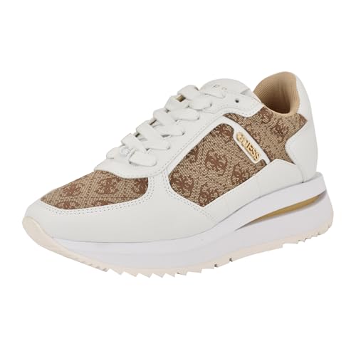 GUESS Women's Energy Sneaker, White/Medium Brown Logo 141, 40 EU