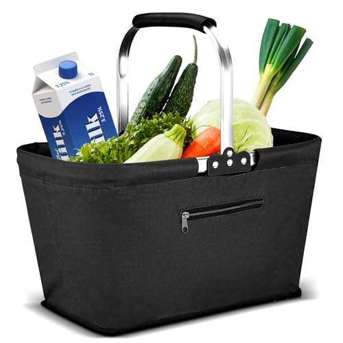 Yeabett 30L Faltbar Einkaufskorb, Picknickkorb Tragekorb Groß Familie Einkaufstasche Praktischer Einkaufen Korb mit Gepolsterten Griffen für Reisen, Picknick, Einkaufen, Geschenke(Schwarz)