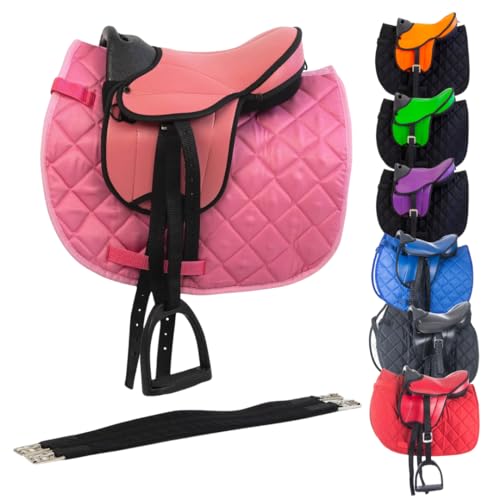 Marengos - Holzpferd Sattel Set | Sattel für Holzpferd mit Sattelgurt, Schabracke, Steigbügel & -Riemen | Sattel aus Kunstleder | Sattel-Typ Beginner in pink | Größe 12